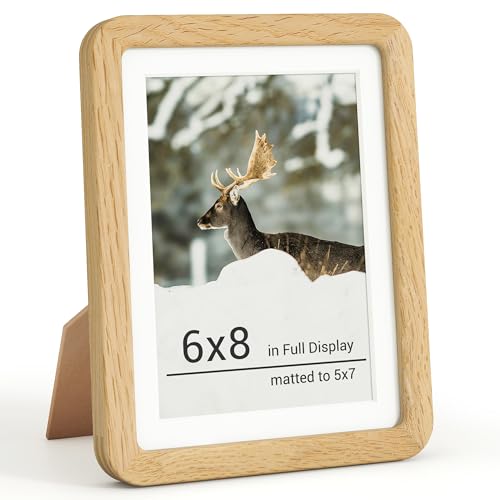 RICHFOCUS 6x8 Picture Frame, Solid Oak Wood Photo Frame with Double Tenon Rounded Corner & Chamfered Curved Edge, 6 by 8 Wooden Frame Matted to 5x7 Photos, Diploma Certificate Document Frame - color: Oak, size: 6x8