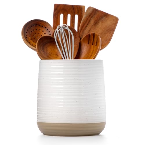 6.8" Large Ceramic Kitchen Utensil Holder | Utensil Holder for Kitchen Counter, Modern Farmhouse Style Holder for Spoons, Spatulas & Cooking Tools (White)
