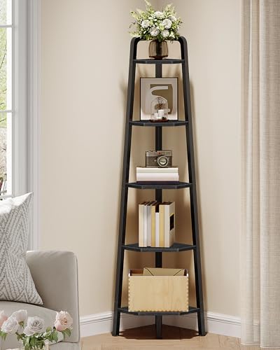 Corner Shelf, 5-Tier Ladder Corner Shelf, Ladder Bookshelf, 59.6" Tall Vertical Display Stand, Metal Frame Bookshelf, for Living Room, Bedroom, Kitchen, Black TCJ20BB - color: Black