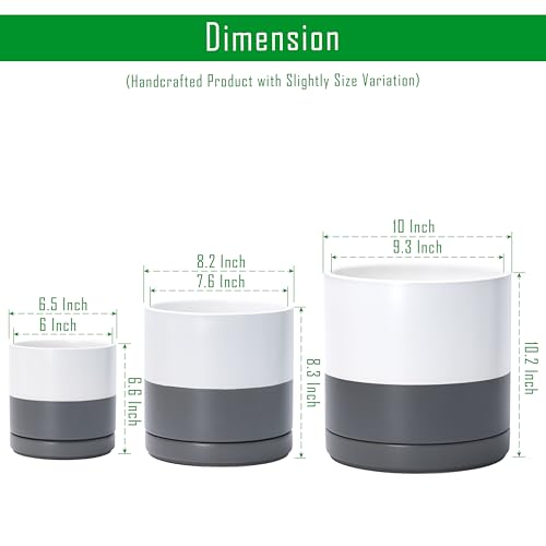 D'vine Dev 3-Pack Ceramic Pots & Saucers, 6/8/10 in, White/Grey, 94-T-L-6 | Glazed Ceramic, Drainage Hole, Perfect-Fit Saucer, Sleek Cylinder Shape, High Temperature Fired, Elegant Home Accent - color: White/Speckled Grey, size: 6"+8"+10"