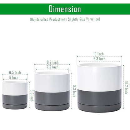 D'vine Dev 3-Pack Ceramic Pots & Saucers, 6/8/10 in, White/Grey, 94-T-L-6 | Glazed Ceramic, Drainage Hole, Perfect-Fit Saucer, Sleek Cylinder Shape, High Temperature Fired, Elegant Home Accent - color: White/Speckled Grey, size: 6"+8"+10"