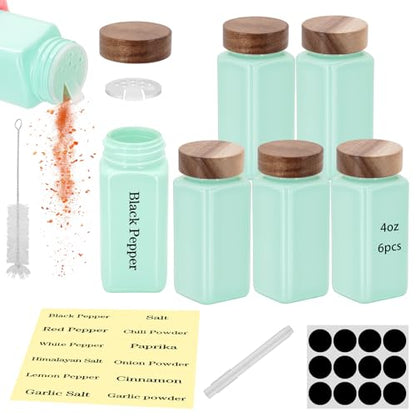 6Pcs 4 oz Square Glass Spice Jars with Label, Empty Spice Containers with Wooden Lids, Square Seasoning Containers and Supplement Set, Small Seasoning Bottles for Salt, Sugar, Pepper (Turquoise) - color: Turquoise
