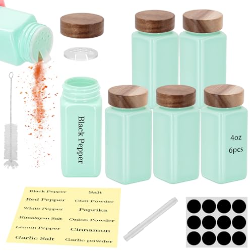 6Pcs 4 oz Square Glass Spice Jars with Label, Empty Spice Containers with Wooden Lids, Square Seasoning Containers and Supplement Set, Small Seasoning Bottles for Salt, Sugar, Pepper (Turquoise) - color: Turquoise
