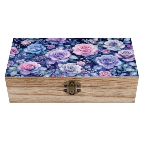 Floral Rose Wooden Storage Box Decorative Keepsake Box with Metal Lock Vintage Organizer Container Jewelry Photo Letter Memory Box Rustic Home Desk Storage Gift Box - color: Floral Rose-1
