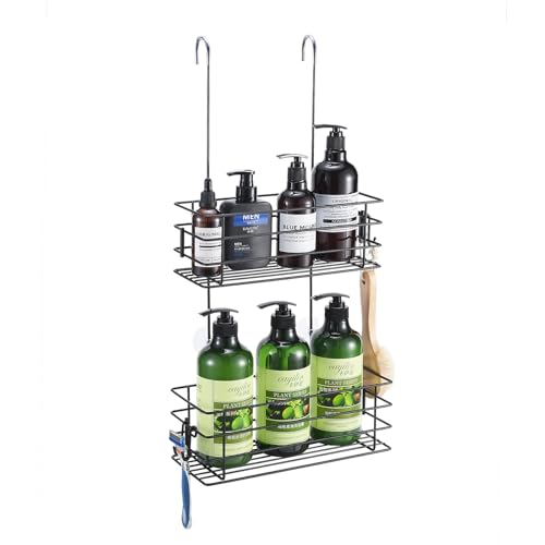 2-Tier Shower Caddy Hanging Shower Organizer Rack with Hooks Over The Door - color: Black, size: 2-Tier