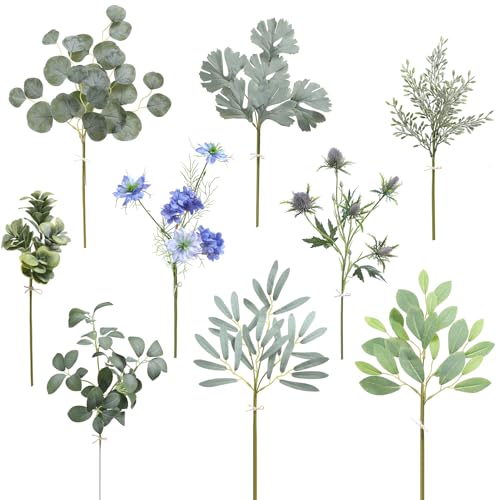 Serra Flora Artificial Greenery Stems Box Set,(Pack of 44pcs) with 9 Kinds of Faux Pink Green Filler for DIY Bridal Bouquets Wedding Floral Arrangement Table Centerpieces - color: Green&blue