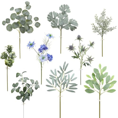 Serra Flora Artificial Greenery Stems Box Set,(Pack of 44pcs) with 9 Kinds of Faux Pink Green Filler for DIY Bridal Bouquets Wedding Floral Arrangement Table Centerpieces - color: Green&blue