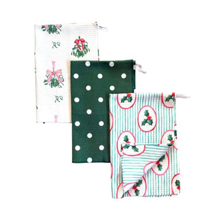 Kitchen Towels, Dish Towels for Kitchen, 3 Pc Kitchen Towel Set | Microfiber Waffle Towels, 16 x 26 inches, with Hanging Loops, Reusable Tea Towels, Cute Kitchen Towels - 3 Pack - color: Christmas Holly