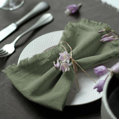 Handmade Cloth Napkins 100% Cotton Napkins with Fringe，Delicate Handmade Cloth Napkins for Dinners, Parties, Weddings and More，18 x 18 Inch Set of 4 - Sage Green - color: Sage Green