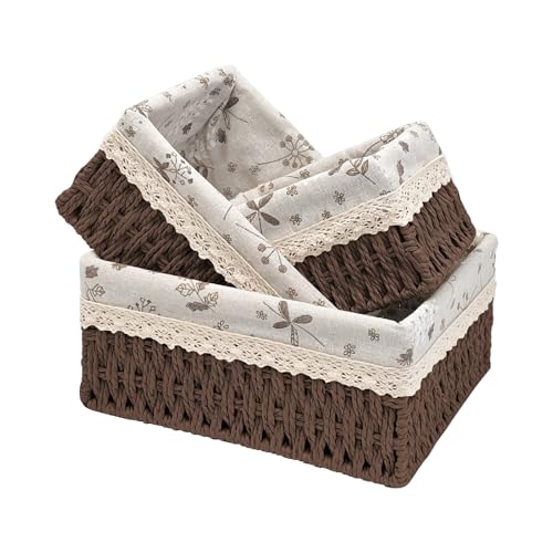 Wicker Storage Baskets Set of 3, Handwoven Paper Rope Organizer Bins with Removable Floral Liner, Small Medium Large for Bathroom, Pantry, Shelf, Countertop, Closet (Brown, L+M+S) - color: Brown, size: L+M+S
