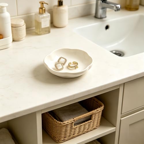 BEUNAIZER Ceramic Ring Dish, 4.3 in Flower Jewelry Tray with Raised Sides | Keeps rings, earrings, keys and hair accessories visible on a vanity, nightstand or bathroom counter. - color: white