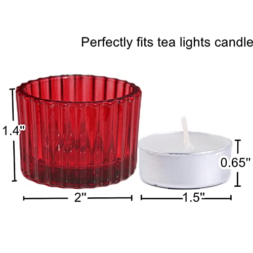 VOHO Red Candle Holders for Table Centerpiece, Set of 12 Tea Light Holder | Glass Ribbed Tealight Candle Holder for Tealight Candles, Small Votive Candle Holders for Her Valentine Christmas(2x1.4 Inch) - color: Red