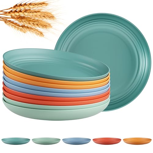 Quatish 10 PCS Reusable Plastic Plates,8 inch Dinner Plate,Multi-Color | Unbreakable,Dishwasher & Microwave Safe, Easy-to-Clean,Lightweight,Portable,for Camping Salad, Kitchen & Picnics,Wheat Straw - color: Multicolor
