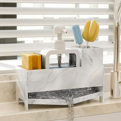 TIDIIABODE Sink Caddy Organizer for Kitchen Counter - White Marble Acrylic Sponge & Soap Bar Holder with Brush Slot, 9.2" Wide Countertop Storage Rack, Self-Draining, Rustproof
