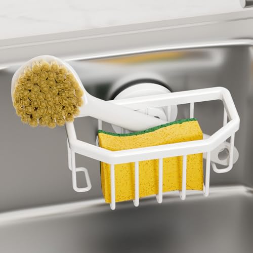 TAILI White Sponge Holder for Kitchen Sink with Strong Suction Cup | Dish Sponge Caddy Inside Sink Removable, Rustproof Aluminum for Sponges, Brushes, Stoppers and Scrapers - color: White, size: 6.1" x 3.5"