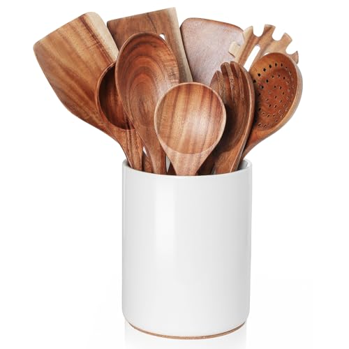 Nucookery Wooden Cooking Utensils Set with Holder, Nonstick Wooden Spoons for Cooking Spatula Set 10 Pcs, Teak Wood Kitchen Utensils Set, Ceramic Utensils Holder for Countertop, White - color: White (wood )