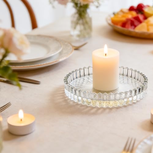 6 Pack Clear Glass Coasters Set for Candle and Drink, 4inch Decorative Pillar Candle Holder for Table Protection,Carved Design,Glass Round Cup Mat for Table Protection of Home (6Pack)