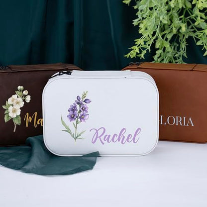 Custom Leather Jewelry Box with Name & Birth Flower Month, Birthday Gifts for Women, Personalized Jewelry Travel Case - Customized Jewelry Organizer Box, Mom Birthday Gifts, Rustic - color: Rustic