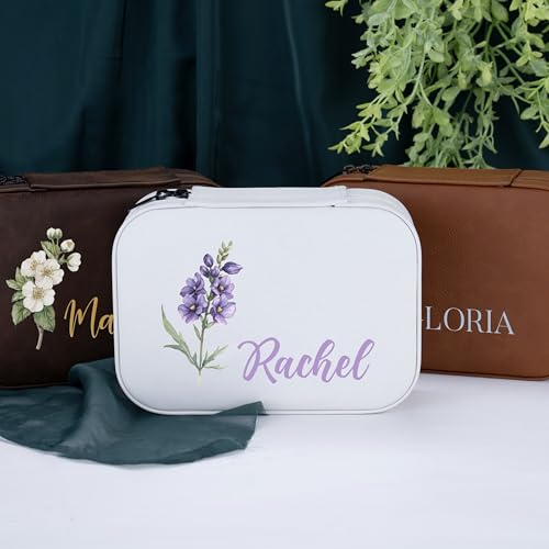 Custom Leather Jewelry Box with Name & Birth Flower Month, Birthday Gifts for Women, Personalized Jewelry Travel Case - Customized Jewelry Organizer Box, Mom Birthday Gifts, White - color: White