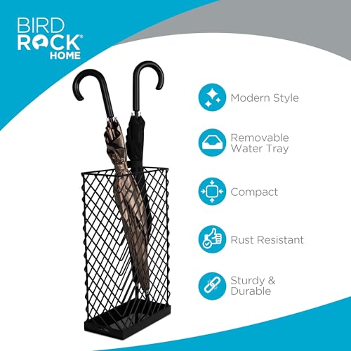 BIRDROCK HOME Decorative Umbrella Stand with Removable Water Tray - Large Metal Umbrella Rack and Cane Walking Stick Organizer for Entryway - Umbrella Holder for Indoor & Outdoor - Black, Diagonal - style: Diagonal