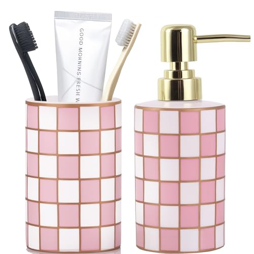 Bathroom Toothbrush Holder Set, Ceramic Checkered Soap Dispenser and Tooth Brush Holder Set, Modern Bathroom Accessories Sets Countertop, Black and White Checkered Bathroom Decor Set (Pink) - color: Pink