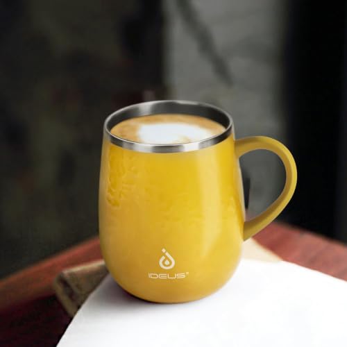 Ideus 16 oz Insulated Coffee Mug with Handle and Lid, Double Wall Stainless Steel Vacuum Thermal Coffee Mug, Travel Coffee Cup Thermal Cup for Home and Office (Leopard Yellow, FUJI DAWN) - color: Leopard Yellow