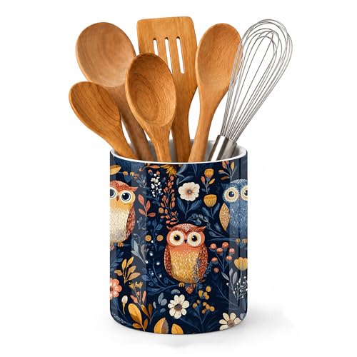 Ceramic Kitchen Utensil Holder for Countertop,Cute Owl Large Utensil Crock for Kitchen Counter,Cooking Utensil Organizer for Spatulas,Spoons - color: Cute Owl