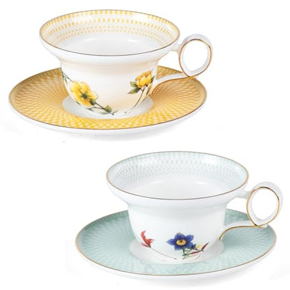 KAMMAK Tea Cups Set of 2,Ceramic Floral Pattern Demitasse Cup | Porcelain Espresso Cup with Saucer, 5.92 oz Handmade Elegant Bone China Tea Cups for Latte, Americano, Cappuccino - color: Ode to Spring (A.Green+B.Yellow)