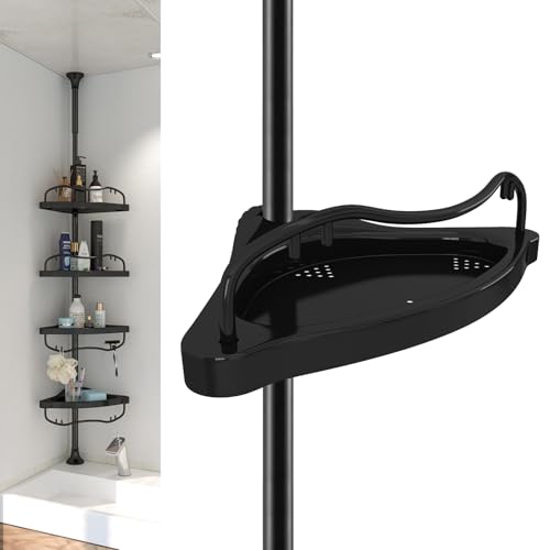 No-Drill Corner Shower Caddy, 39-125" Heavy Duty Rustproof Tension Pole, 4-Layer Large Storage Shelves with Guardrail, Bathroom Organizer for Shampoo, Soap & Accessories, Black - color: Black