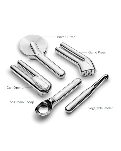 Caraway 5-Piece Stainless Steel Kitchen Gadget Set | Can Opener, Pizza Cutter, Garlic Press, Ice Cream Scoop, Vegetable Peeler, and Storage Organizer, Kitchen Essentials