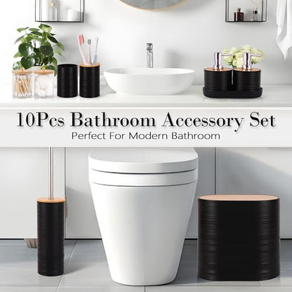 10 PCS Black Bathroom Accessories Set with Trash Can Bathroom Accessory | All-in-One Kit with Trash Can,Toothbrush Holder,Soap Dispenser,Toothbrush Cup,Vanity Tray,Soap Dish,Toilet Brush etc for Home - color: Black