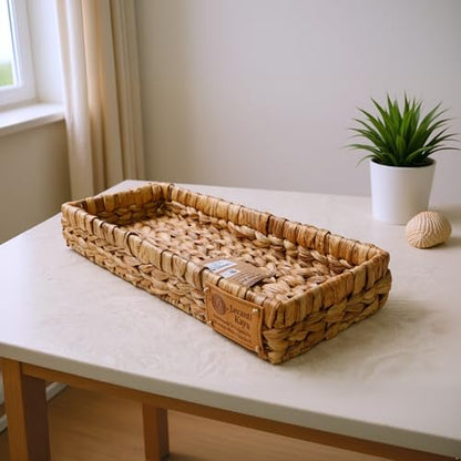 Handmade Water Hyacinth Wicker Storage Basket – Rectangle Organizer Bin for Shelves, Blanket, Bathroom, Closet, Toilet Tank – Decorative & Durable (1, 17.5"x6.7"x2.5") - size: Tray: 17.5x6.5x2.5"