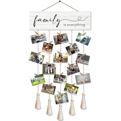 Family is Everything Photo Hanging Display Board with 16 Clips, Rustic Wood Picture Collage Frame with Tassels Farmhouse Wall Decor - color: Family Is Everything