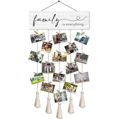 Family is Everything Photo Hanging Display Board with 16 Clips, Rustic Wood Picture Collage Frame with Tassels Farmhouse Wall Decor - color: Family Is Everything