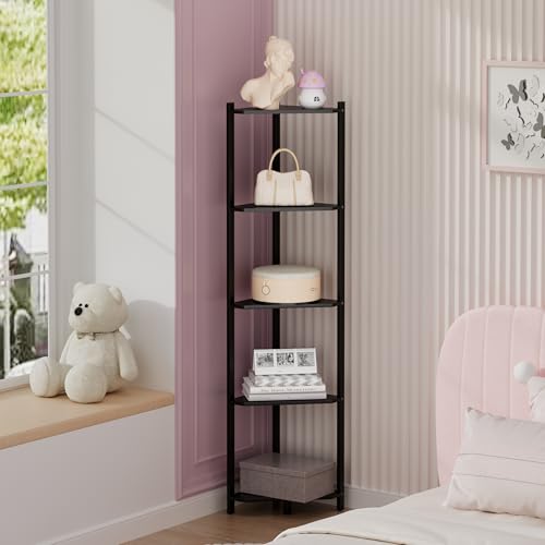Wisuce Bamboo Tall Corner Shelf Stand, 5-Tier Black Corner Bookshelf | Space-Saving Narrow Corner Shelf | Bathroom, Bedroom, Living Room, Kitchen & Plants | Stable Natural Bamboo Frame - color: Black, size: 5 Tier