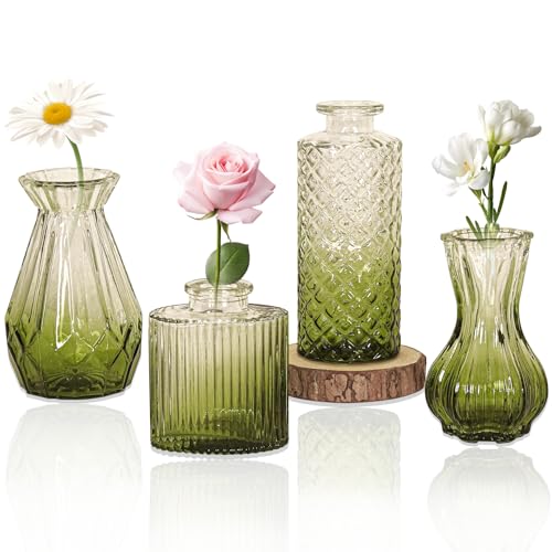 Set of 4 Glass Bud Vase Set, Small Vintage Clear Flower Vase Centerpieces for Table Bulk Cute Rustic Style Mini Vase for Home Decor Wedding Baby Shower Birthday Party(Ombre Green) - color: Ombre Green