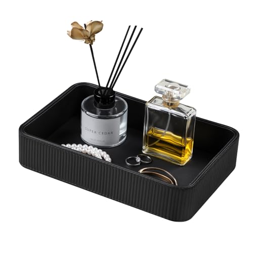 Valet Tray Organizer Bedside Nightstand Organizer Desk CatchallTray | PU Leather, Soft Lining, Larger Size, Decorative Modern Design, Aesthetic Stripes, Waterproof And Stain-Resistant - color: Black