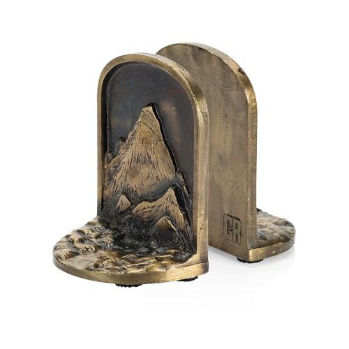 Cast Iron Mountain Bookends Set, Antique Brass Book Ends, 2 Decorative Book Holders for Shelves or Bookcase, Stylish Brass, Non-Skid Anti-Slip Heavy Duty, Home Décor Gift