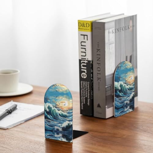 Wave Sailboat Seagull Wooden Bookends - Office Book Storage Rack, Non-Slip, Suitable for Study Room, Classroom and Library