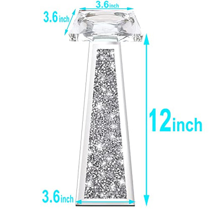 Wocred 2 Piece Candlestick Holders for Holding Pillar Candles, Crystal Crushed Diamond Candle Holders Set Decor for Dinning Room, Silver Glass Votive Candle Holders for Table Centerpiece(12”) - size: 12 Inch Diamond Silver