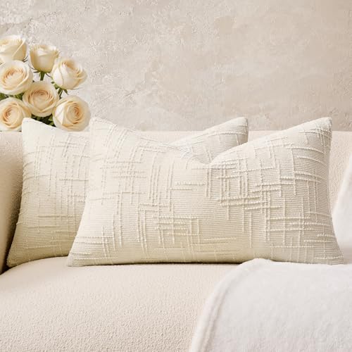 Throw Pillow Covers Pack of 2 12x20 Inch Textured Lumbar Pillow Covers, Soft Chenille Cream White Decorative Neutral Covers for Couch Sofa Bed Livingroom, Farmhouse Home Boho Decor - color: Cream White, size: 20" x 12" (Pack of 2)