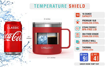CHILLOUT LIFE Stainless Steel 16 oz Vacuum Insulated Coffee Mug with Handle and Lid, Large Thermal Camping Coffee Mug Cup with Durable Sliding Lid for Men & Women, Keeps your Beverages Hot & Cold - color: Cherry Red, size: 16 Ounces