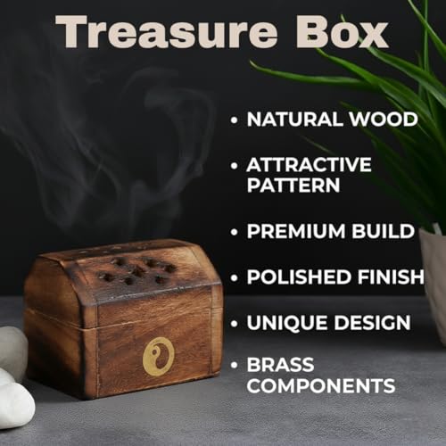 Bless-International Traditional-Handmade-Burner Wooden-Incense-Stick-Holder Ash-Catcher-Stand for-Aromatherapy-Meditation-Yoga (Treasure Box Wooden Charcoal/Cone) - color: Treasure Box