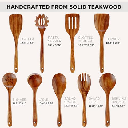 Zulay Kitchen 9-Piece Teak Wood Cooking Utensil Set – Non-Toxic & Non-Stick Safe Wooden Spoons & Kitchen Tools with Comfortable Grip, Smooth Finish Natural Teak – Perfect Kitchen Gift Set - size: 9 Piece