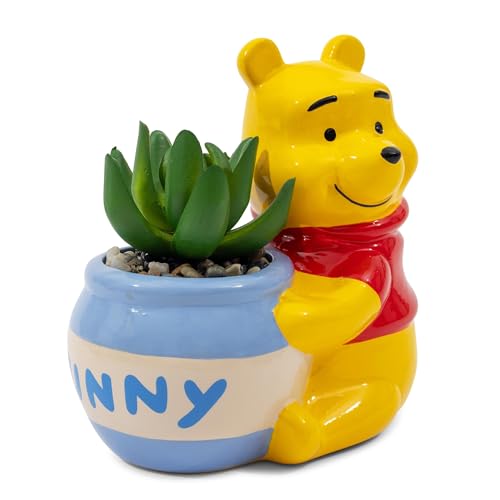 Silver Buffalo Disney Winnie the Pooh Hunny Pot 5-Inch Ceramic Mini Planter with Artificial Succulent | Cute Flower Pot, Faux Indoor Plants