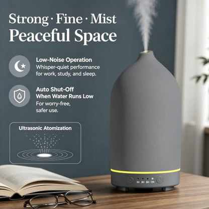 200ML Ceramic Essential Oil Diffuser for Home, Stone Diffuser | Ultrasonic Aromatherapy Diffuser & Air Humidifier for Bedroom, Office, Yoga, 7 LED Lights, Auto Shut-Off, 3 Timers, Grey - color: Grey