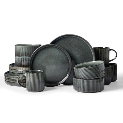 Famiware Star Dinnerware Sets with Mugs, Ceramic Plates and Bowls Set for 4 | 16-Piece Stoneware Ribbed Dishes. Chip & Scratch Resistant. Microwave & Dishwasher Safe, Everyday Formal Dining, Deep Forest - color: Deep Forest, size: Service for 4 with Mugs