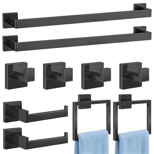 Gypie Bathroom Accessories Set Wall Mounted, 10-Piece 24In Matte Black | Stainless Steel Modern Wall Mount Towel Racks for Bathroom Towel Bar Set - color: Black 10 Piece, size: 24 Inch