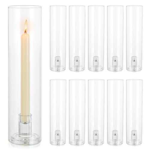 Hurricane Glass Candle Holders: 11.8" Tall Cylinder Cover Set of 10 | for 0.87" Taper, Windproof Chimney Cover, Clear Candlestick Holder for Wedding Table Centrepiece, Party, Birthday, Christmas - size: 11.8" H - 10 Pcs