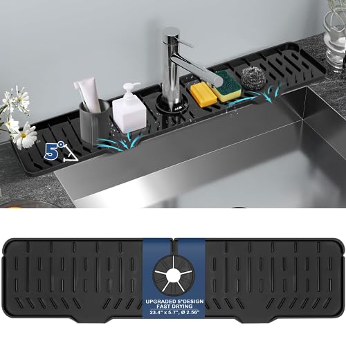 24" Splash Guard Plus Size Silicone Sink Faucet Drying Mat Handle Drip Catcher Tray Dish Sponge Holder Kitchen Accessories Protector Home Organization Gadgets Organizer - size: Black: 23.4"x5.7"
